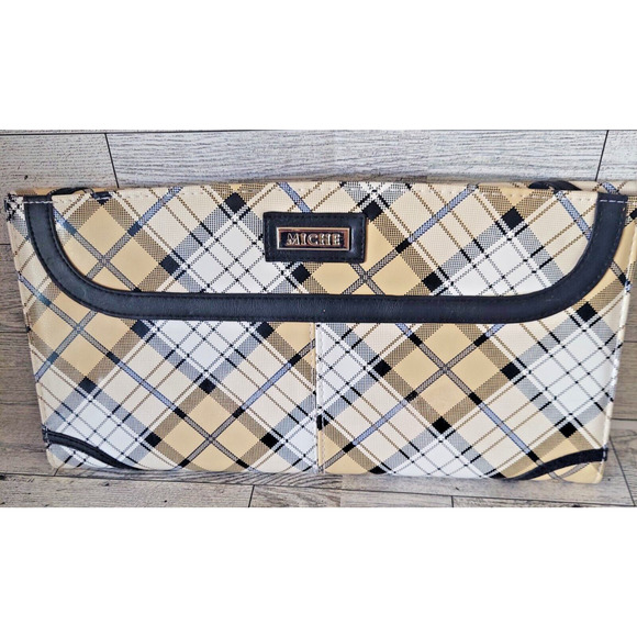 MICHE Alyssa Classic Bag Shell Plaid Faux Leather Retired Purse Ivory Tan Black - Picture 7 of 7
